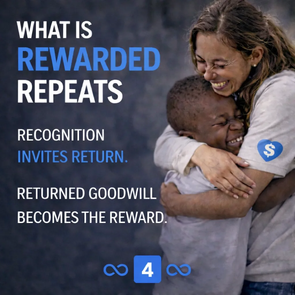 What Is Rewarded Repeats. Recognition invites return. Returned goodwill becomes the reward. Goodwill repeats.